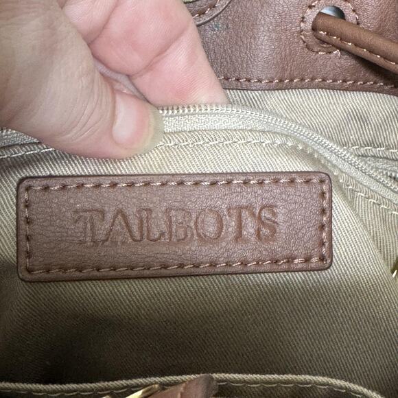 Talbots Leather Bucket Bag Womens Brown Red Equestrian Print Drawstring Shoulder - Picture 7 of 15